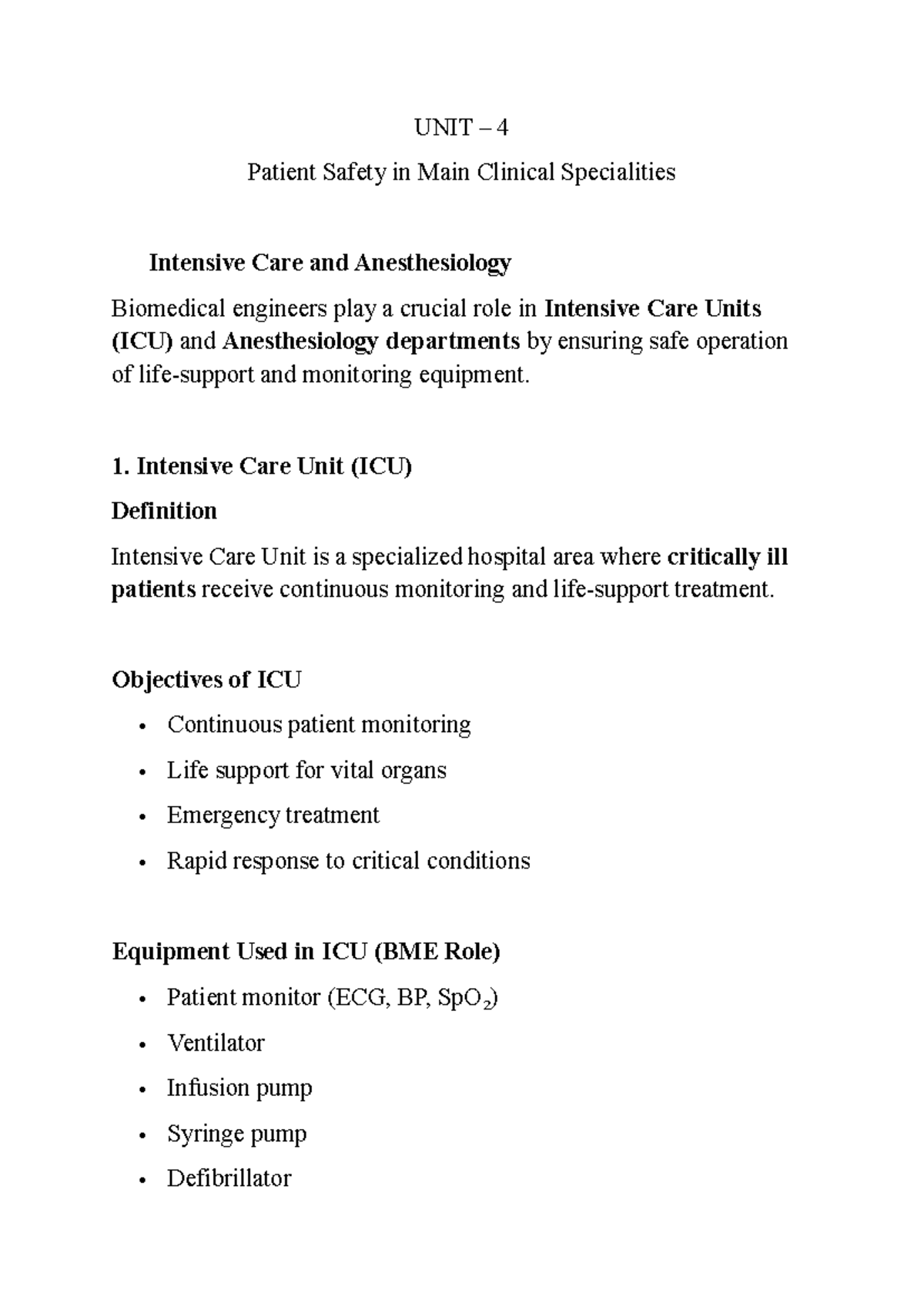 UNIT 4 PSE: Patient Safety in ICU, Anesthesiology & Radiology - Studocu
