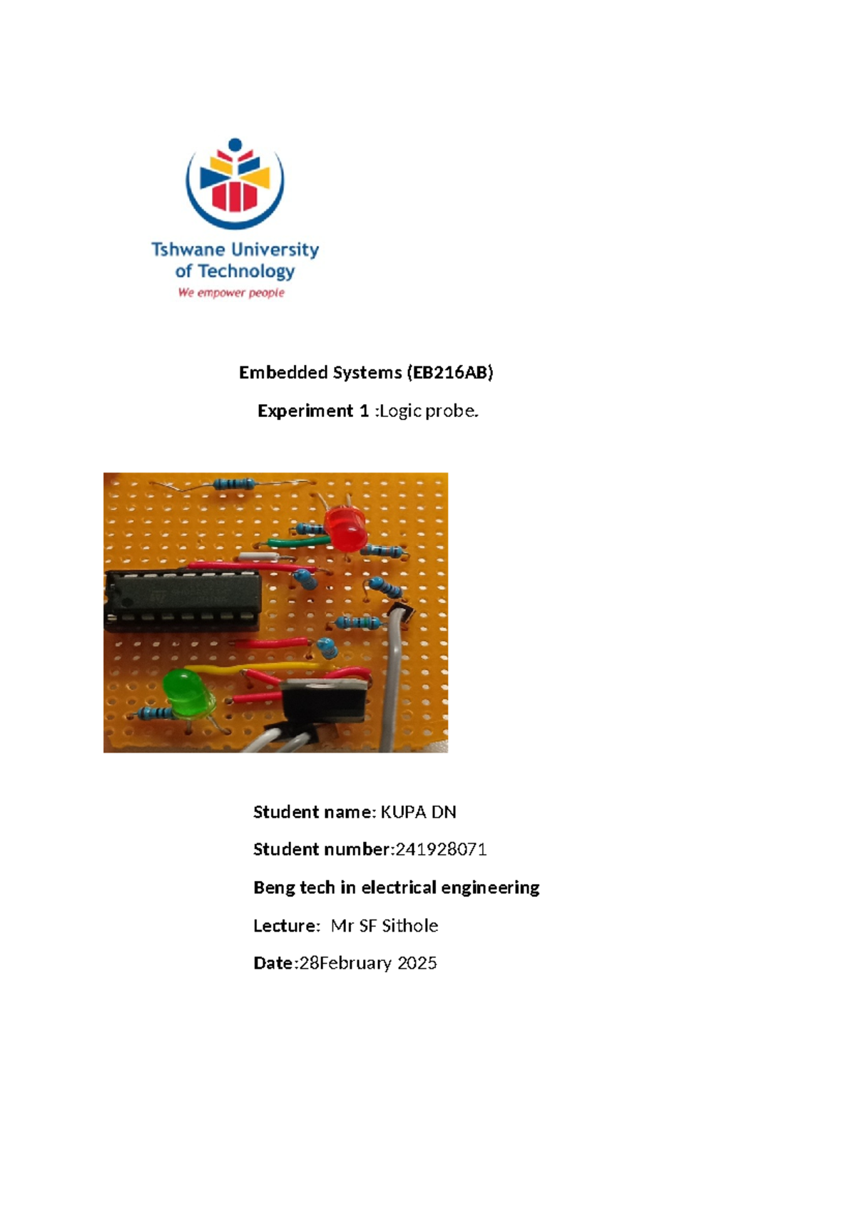 EB216AB Embedded Systems Experiment 1: Logic Probe Guide - Studocu