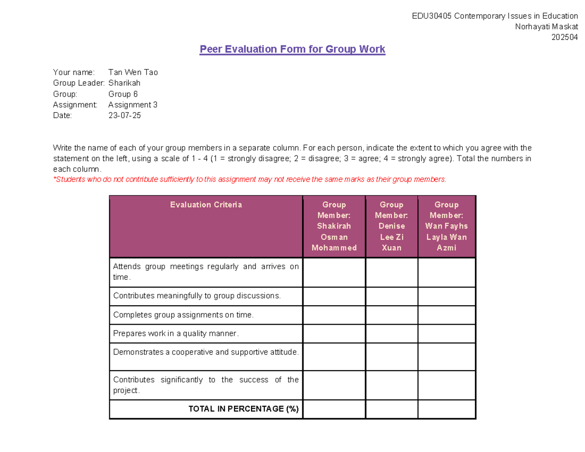 EDU30405 Peer Evaluation Form for Group Work Assignment 3 - Studocu
