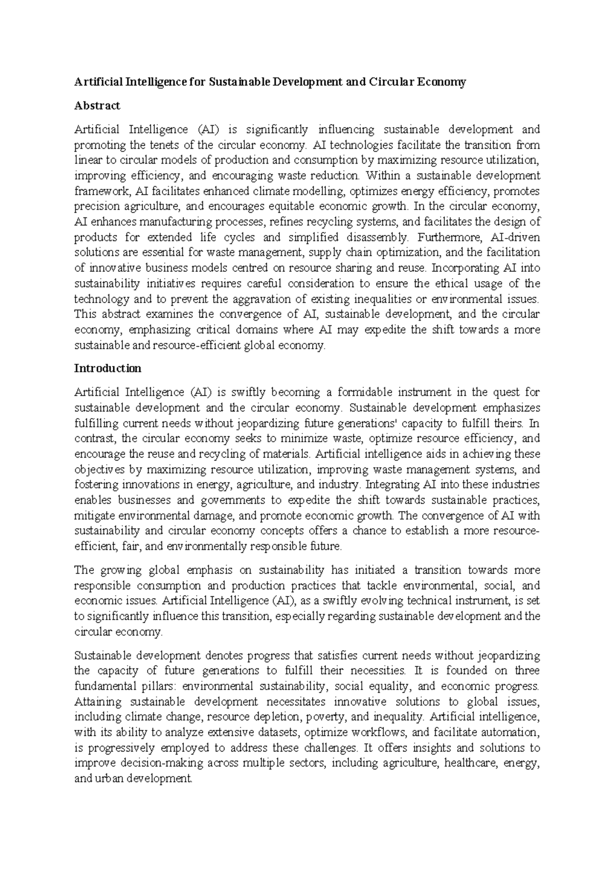 Artificial Intelligence for Sustainable Development and Circular ...