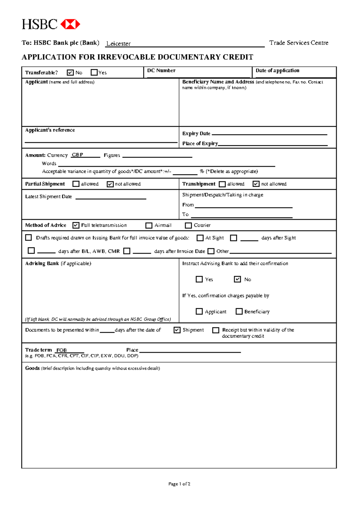 HSBC Doc Credit form - fkmrlenmlk - Page 1 of 2 abc To: HSBC Bank plc ...