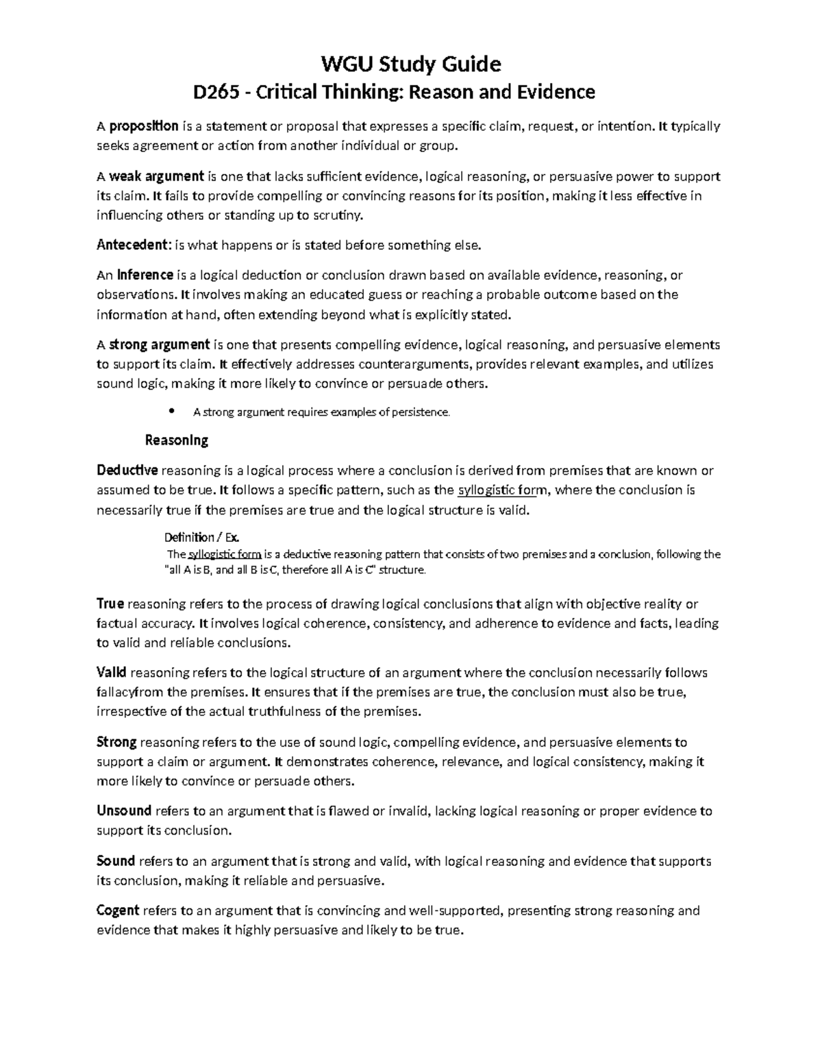 D265 - Critical Thinking: Reason and Evidence Notes and Concepts - Studocu