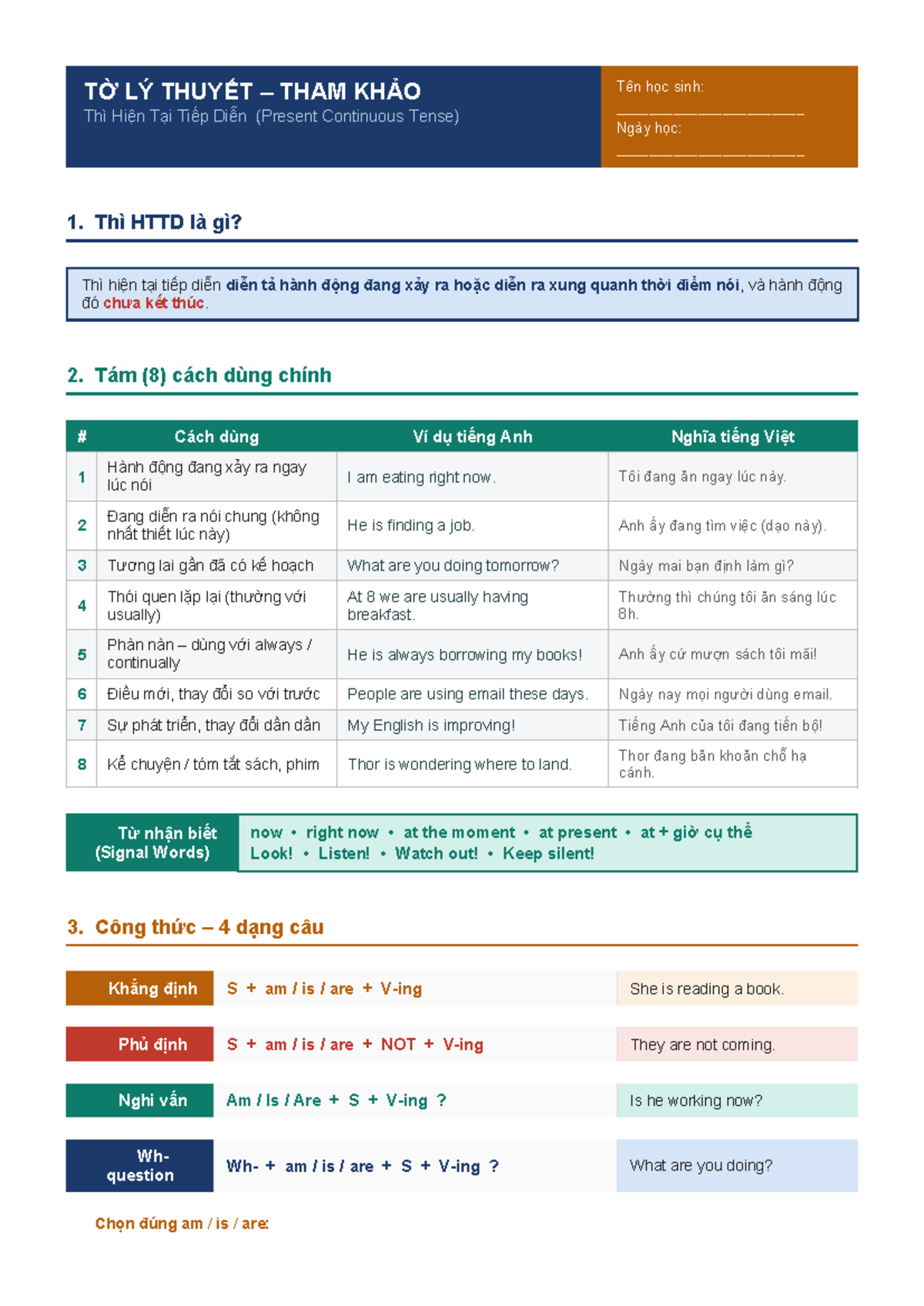 Tài Liệu Tham Khảo: Thì Hiện Tại Tiếp Diễn (HTTD) - Studocu