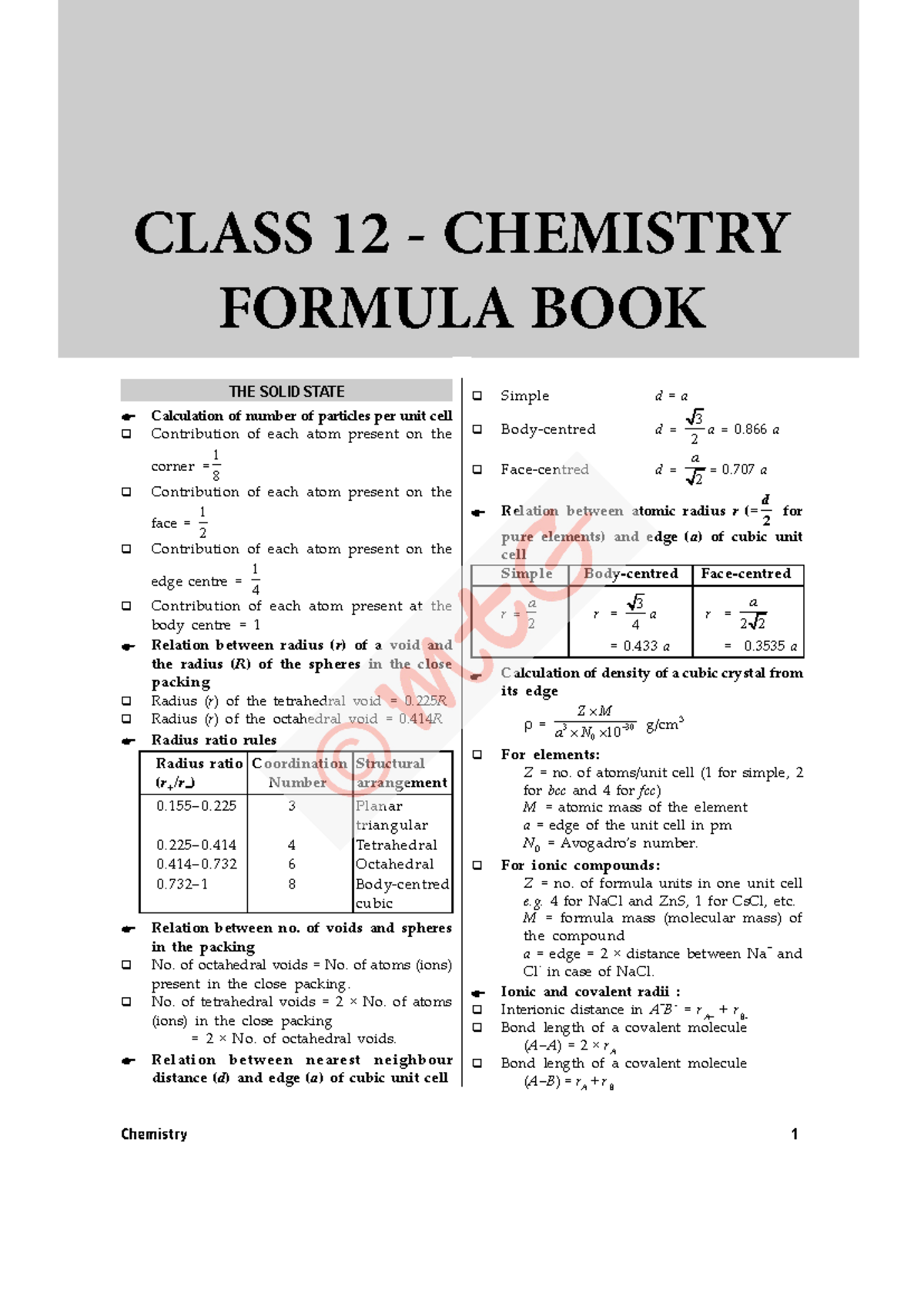 Formula-Book Chemistry-1 - ####### THE SOLID STATE Calculation of ...