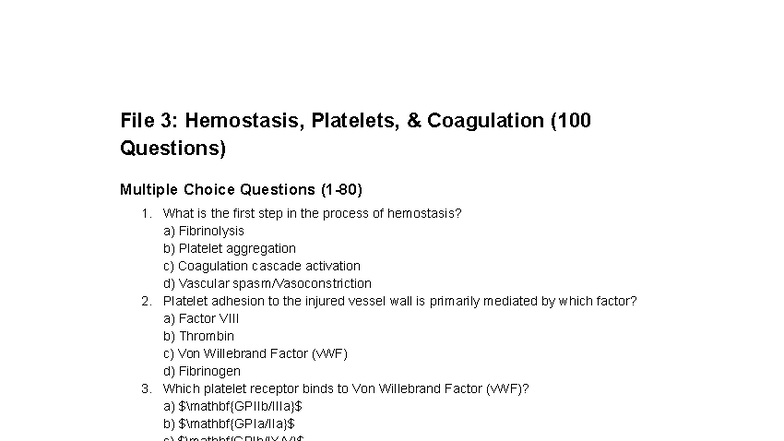 Hematology Review Q&A: Hemostasis, Platelets, Coagulation (100 MCQs ...