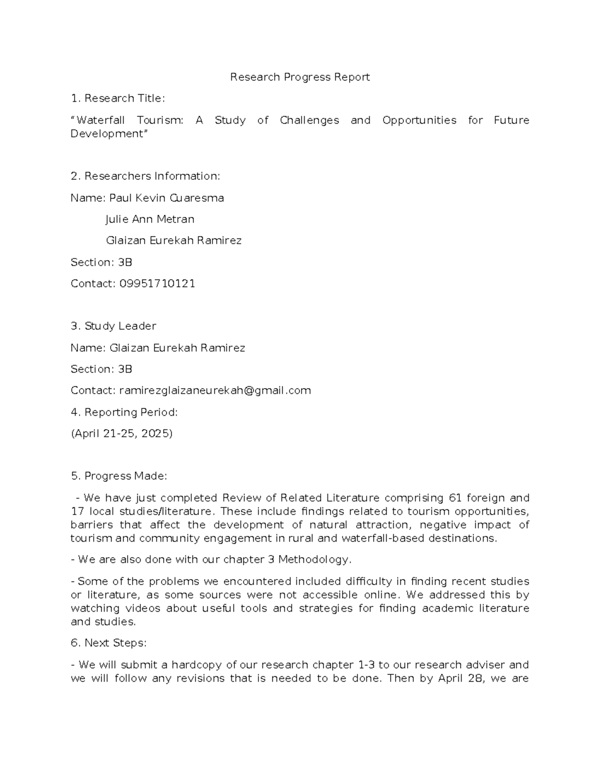 Research Progress Report Group 13 - Research Progress Report Research ...
