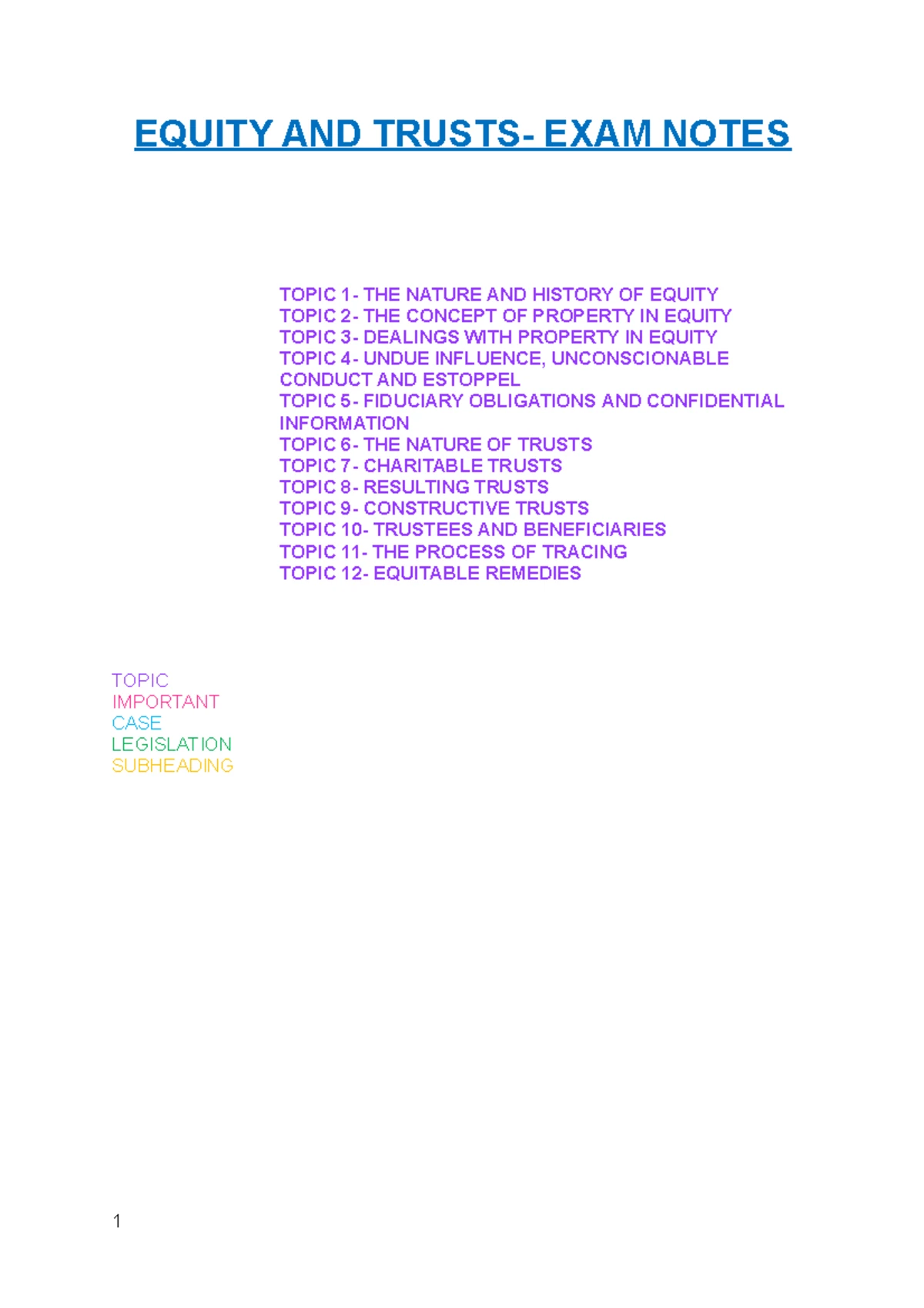 Equity and Trusts - Notes Final - Topic 1 – Introduction History of ...