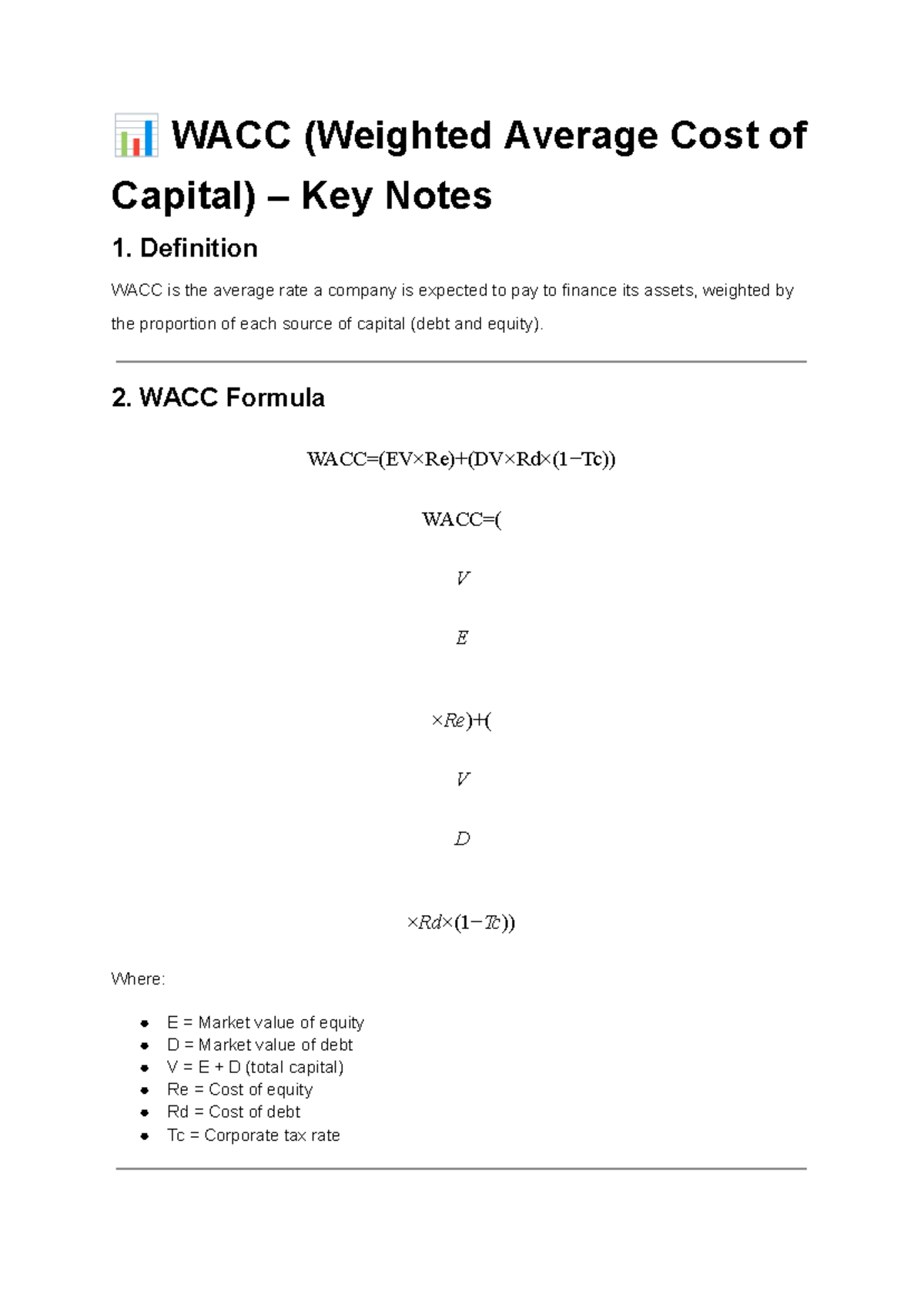 WACC Notes - Understanding Weighted Average Cost of Capital - Studocu