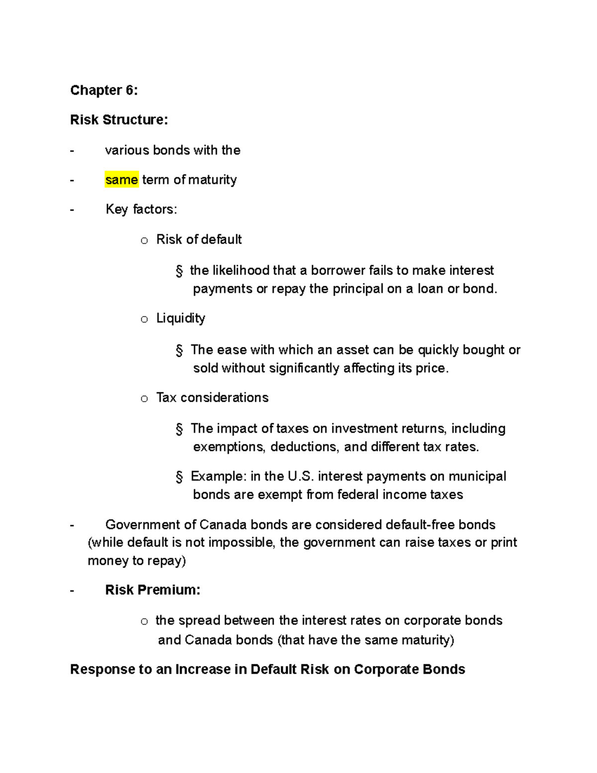 Chapter 6: Risk Structure of Bonds - Key Factors & Theories - Studocu