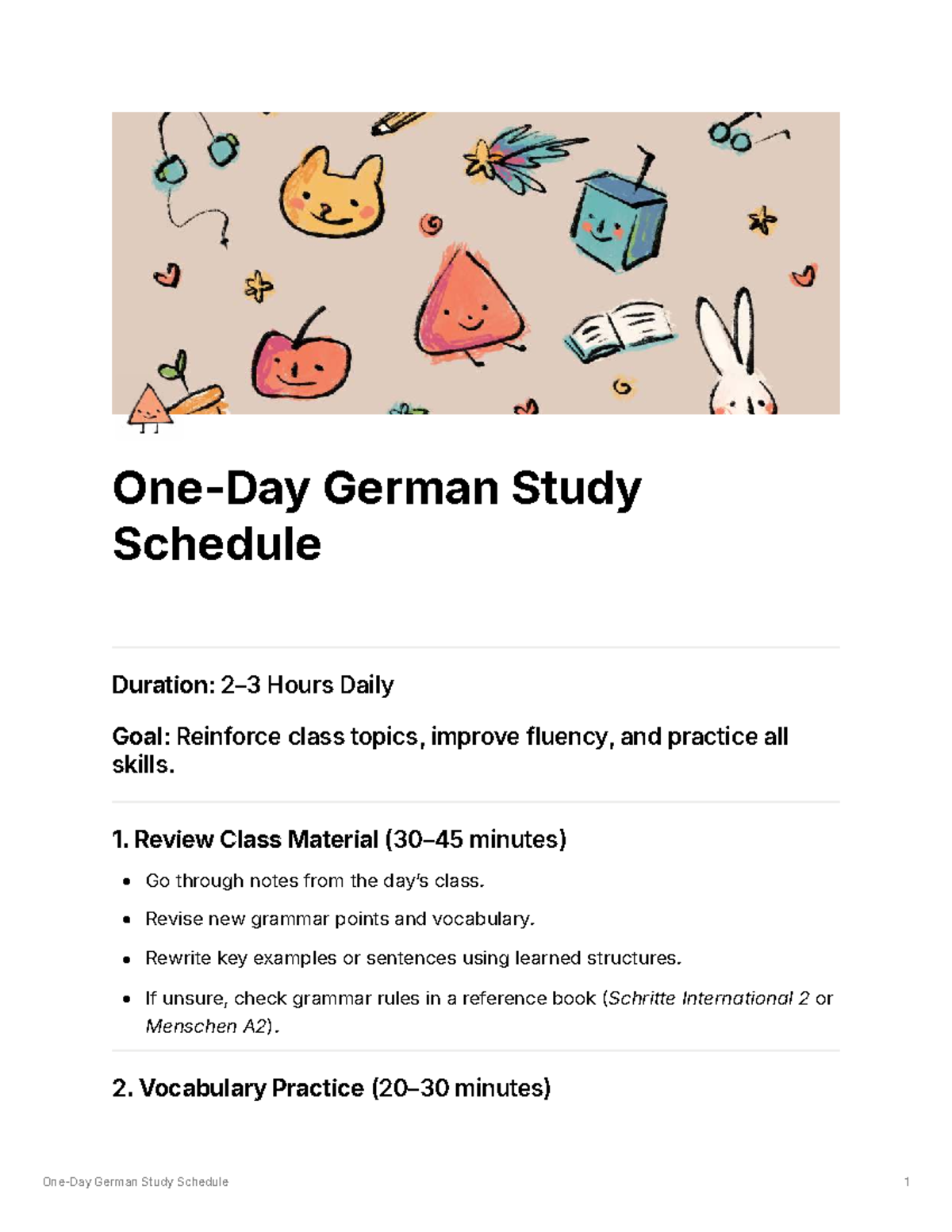 One-Day German Study Schedule: Fluency & Skills Reinforcement - Studocu