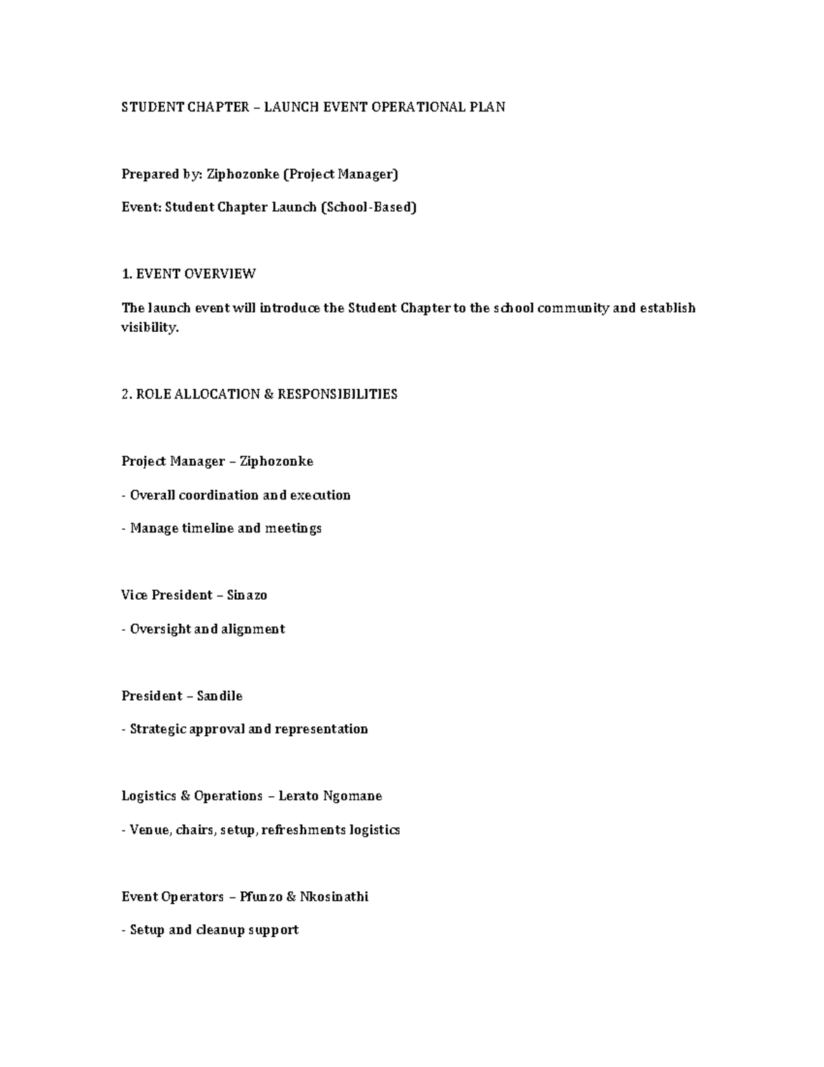 STUDENT CHAPTER LAUNCH EVENT OPERATIONAL PLAN - Studocu