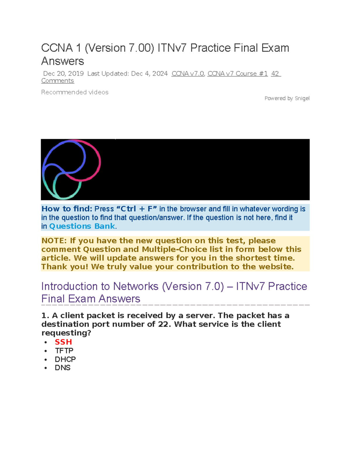 CCNA 1 (v7.00) ITNv7 Practice Final Exam Answers - Updated 2024 - Studocu