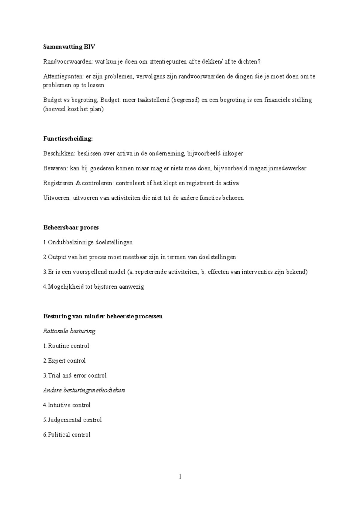 Samenvatting Grondslagen BIV: Effectieve Beheersing en Processen ...