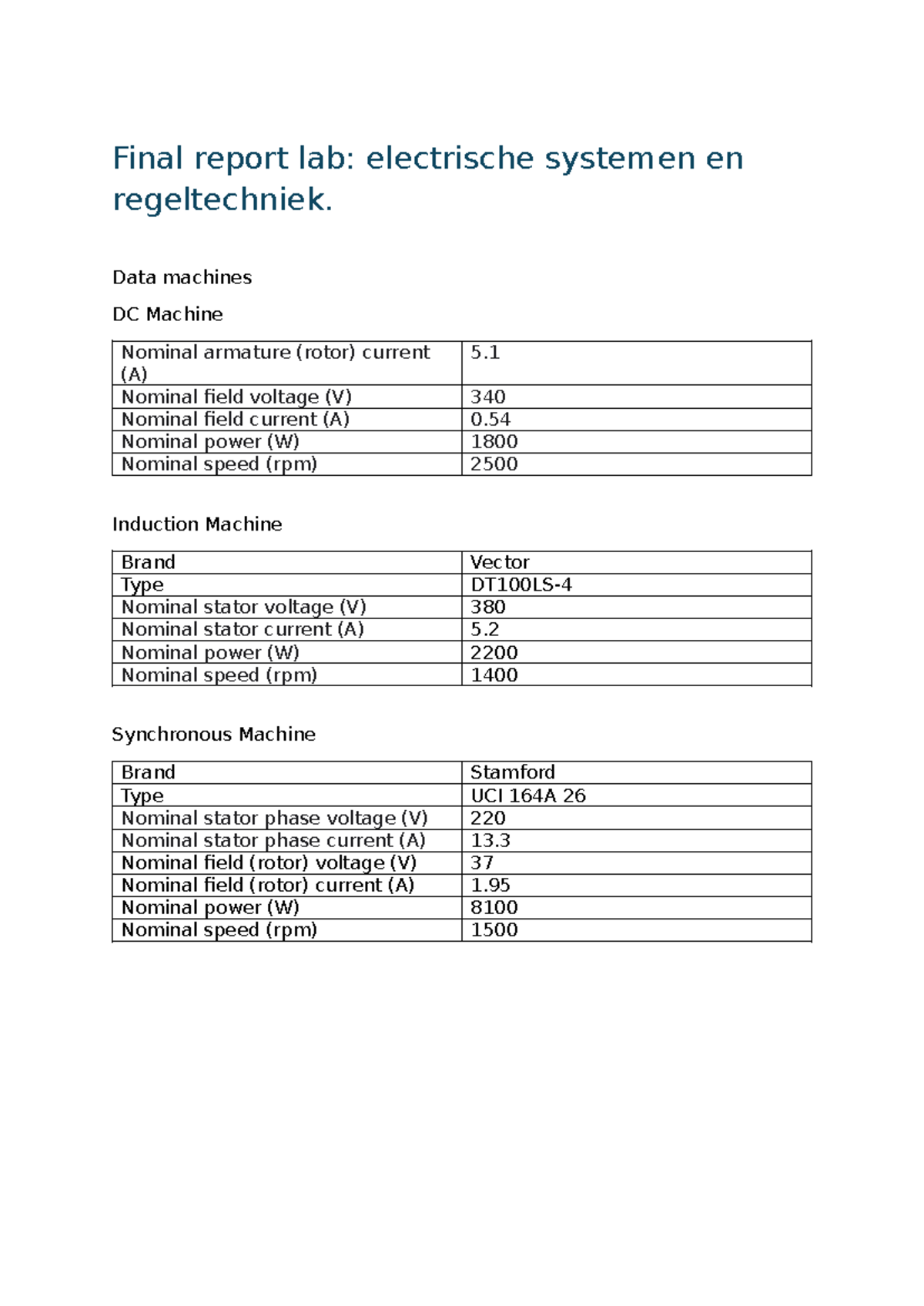 Final Report: Lab on Electric Systems & Control Techniques (ELEC 101 ...