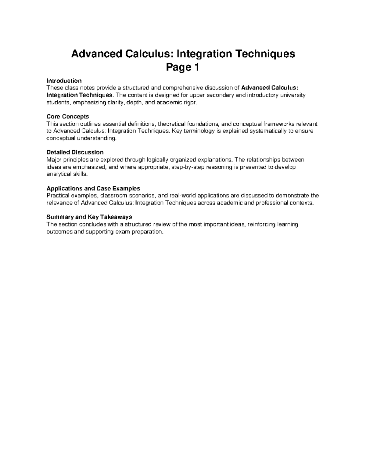 Advanced Calculus (MATH 301): Integration Techniques Class Notes - Studocu