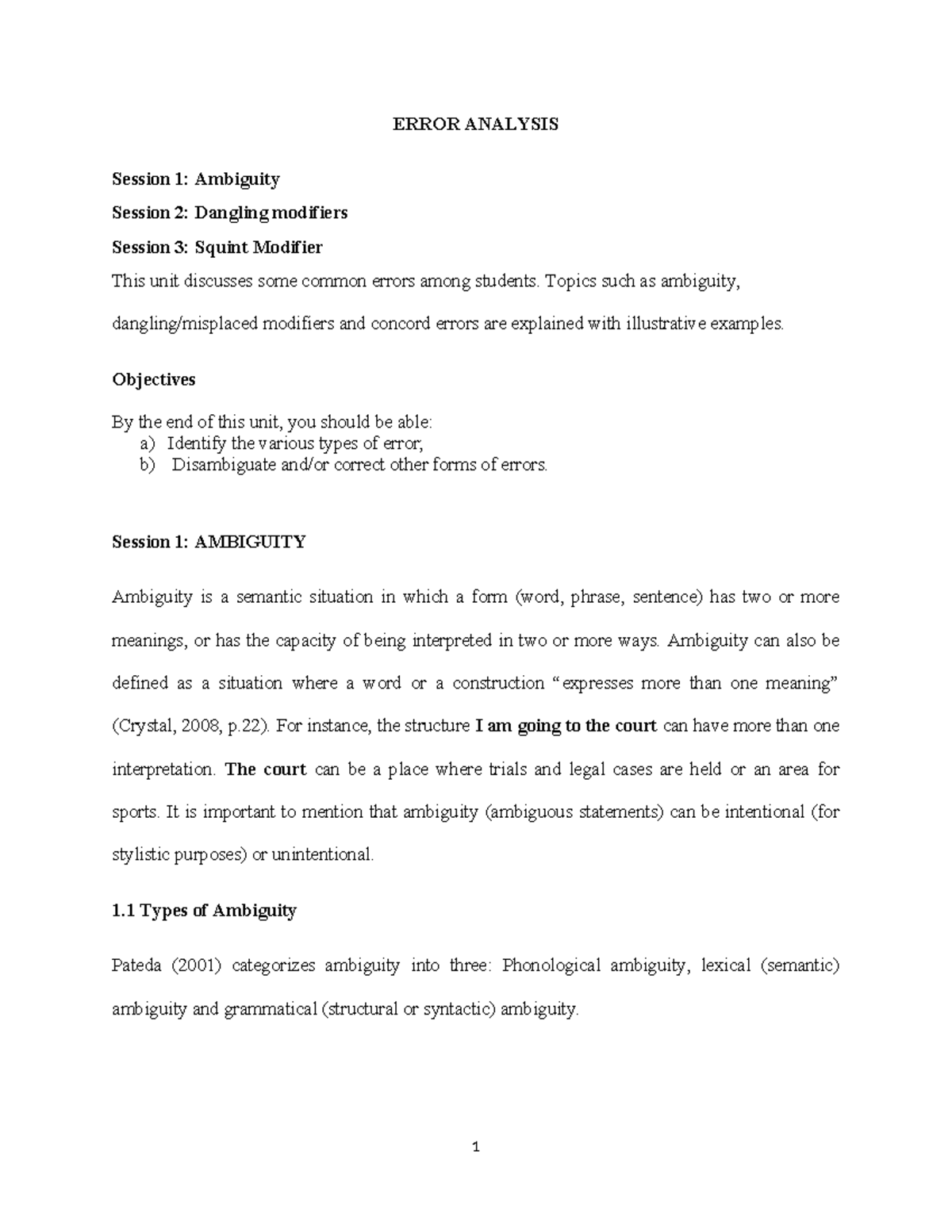 ERROR ANALYSIS: Ambiguity, Modifiers & Concord Errors (ENG 101) - Studocu