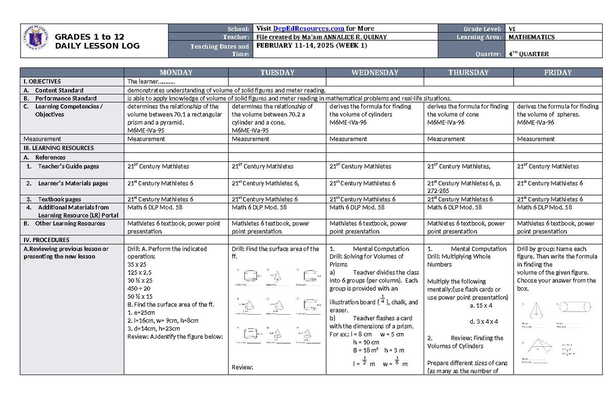 DLL Mathematics 6 Q4 W1 - Daily Lesson Log on Volume Concepts - Studocu