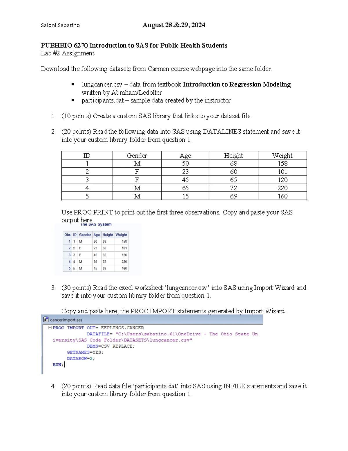 Lab 10 Assignment for PUBHBIO 6270: SAS Data Analysis Tasks - Studocu