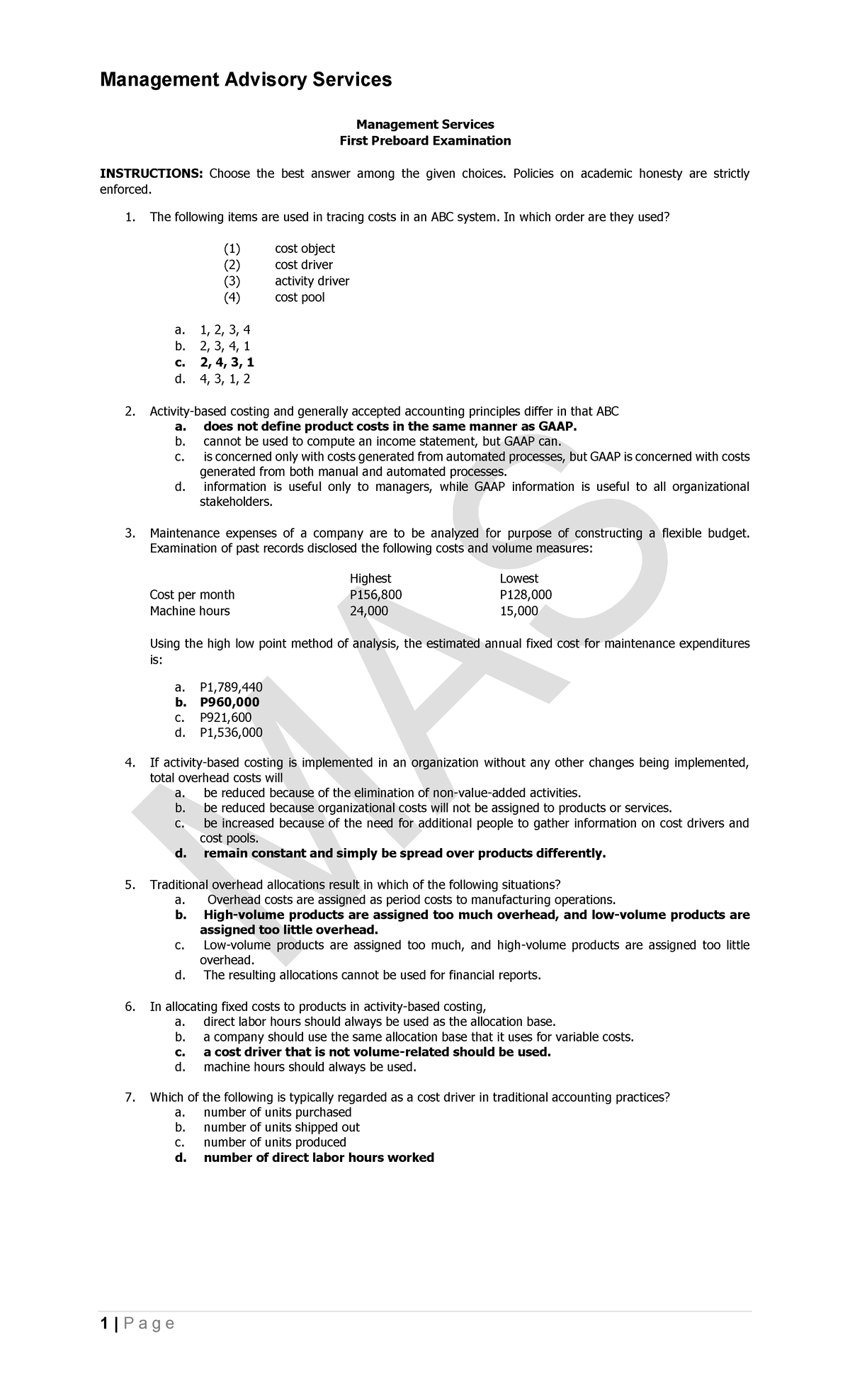 First Preboard Exam MAS Batch 2 - Management Services Overview - Studocu