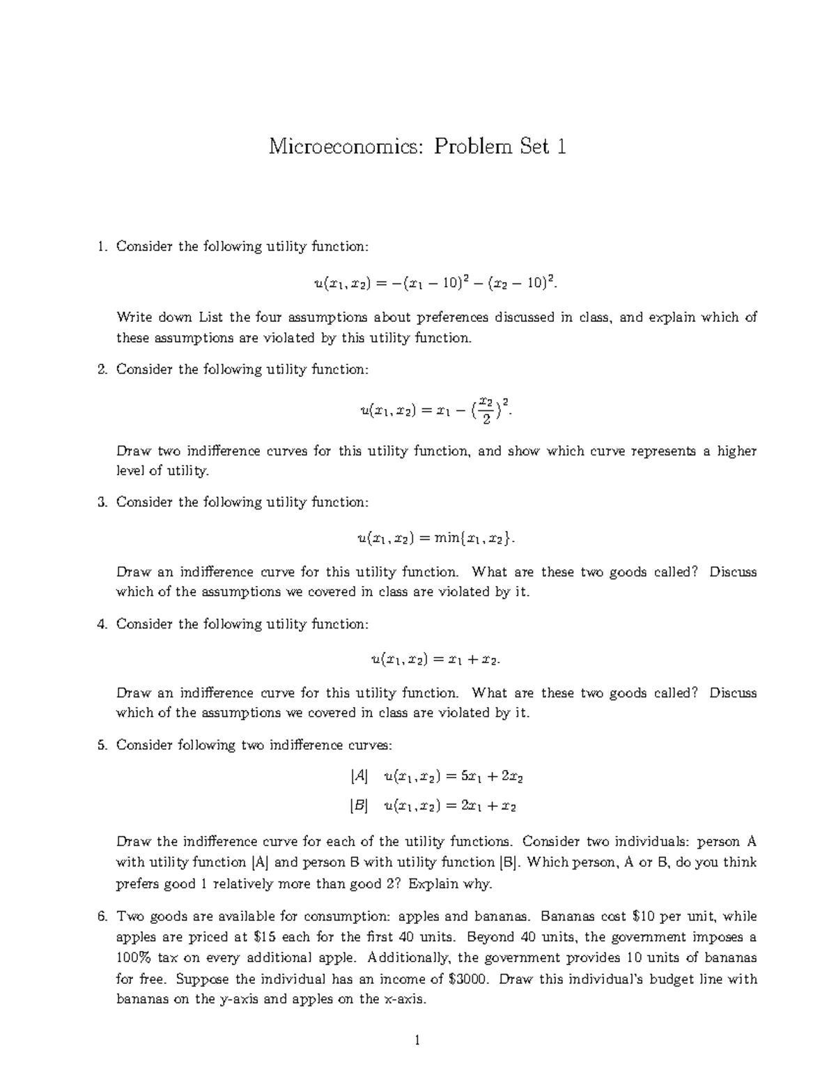 Microeconomics: Problem Set 1 - Utility Functions & Indifference Curves ...