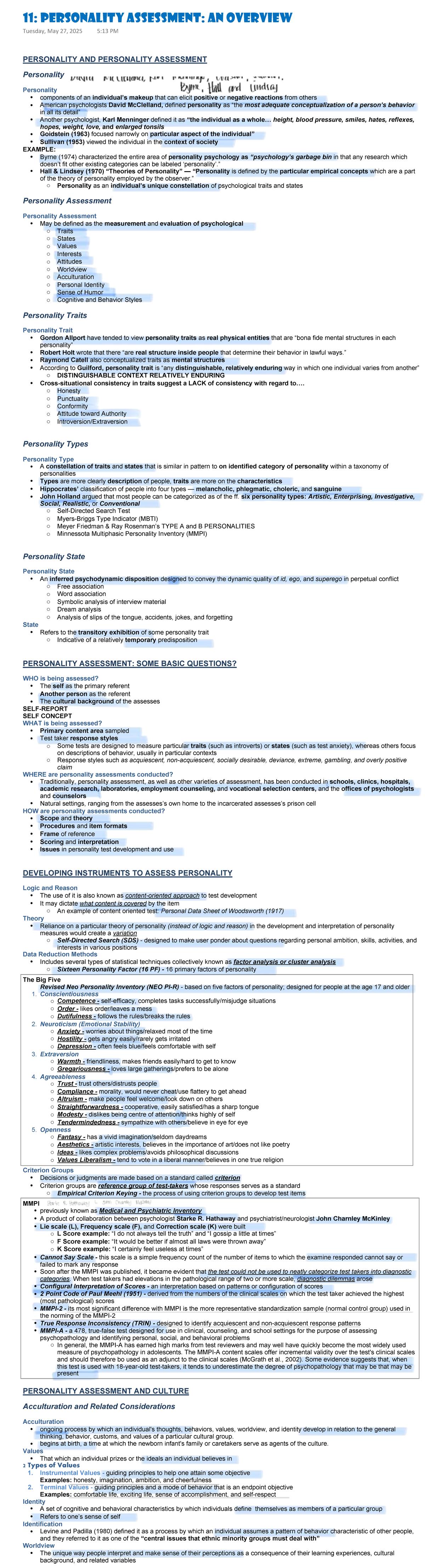 11: PERSONALITY ASSESSMENT: A COMPREHENSIVE OVERVIEW - Studocu