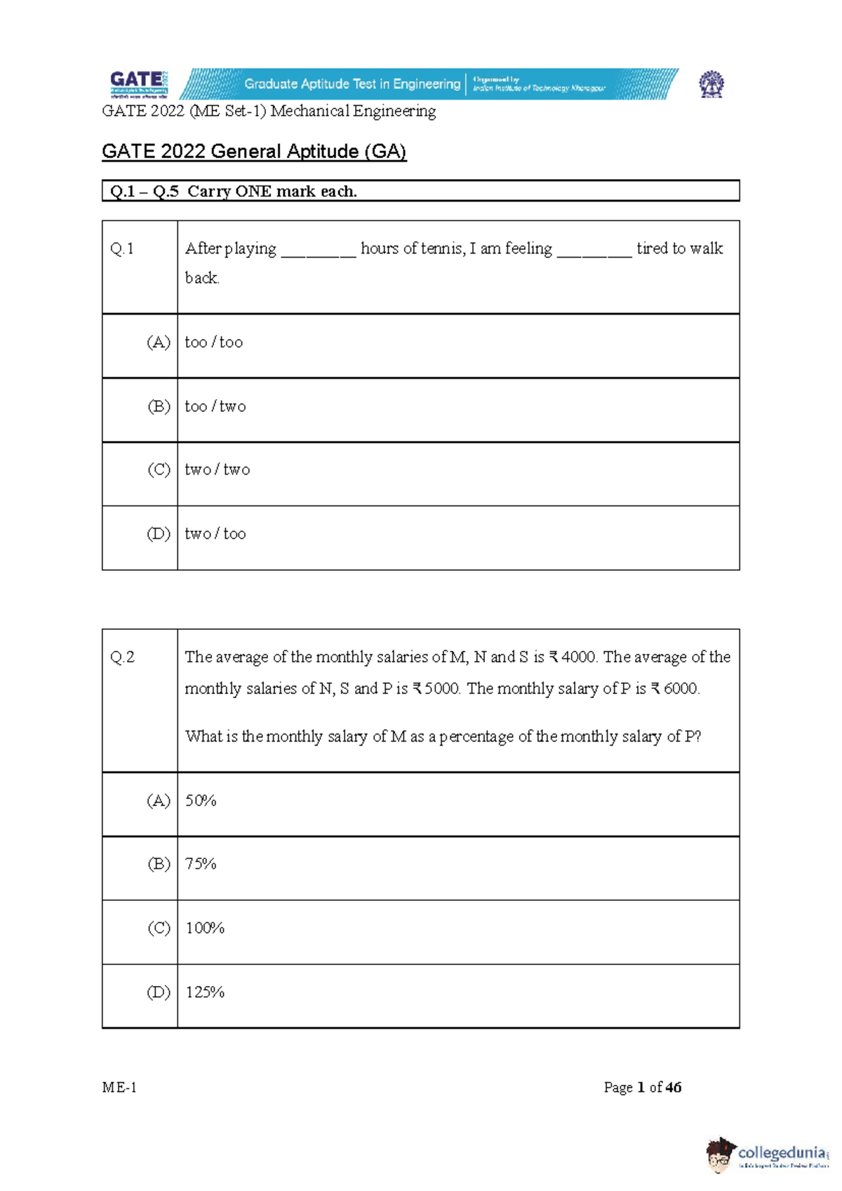 GATE 2022 (ME) Mechanical Engineering General Aptitude Questions - Studocu