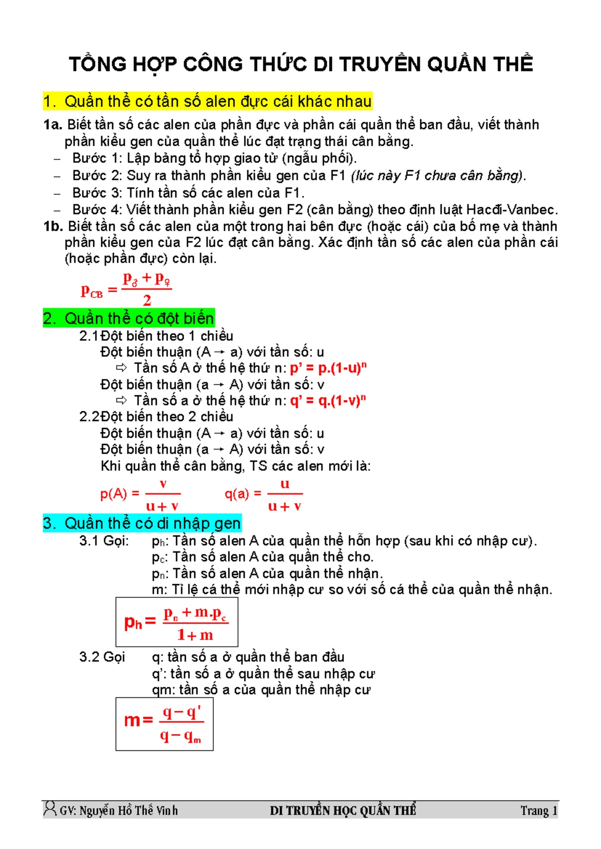 TỔNG HỢP CÔNG THỨC DI TRUYỀN QUẦN THỂ pCB 2 - Document Preview