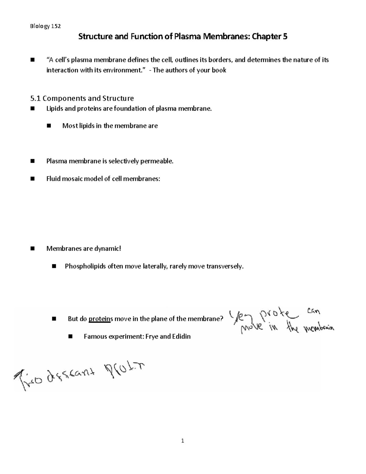 Biology 152: Structure and Function of Plasma Membranes - Studocu