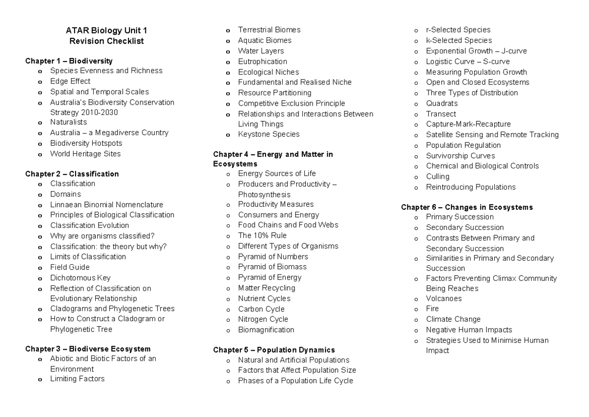 ATAR Biology Unit 1: Comprehensive Exam Revision Notes - Studocu