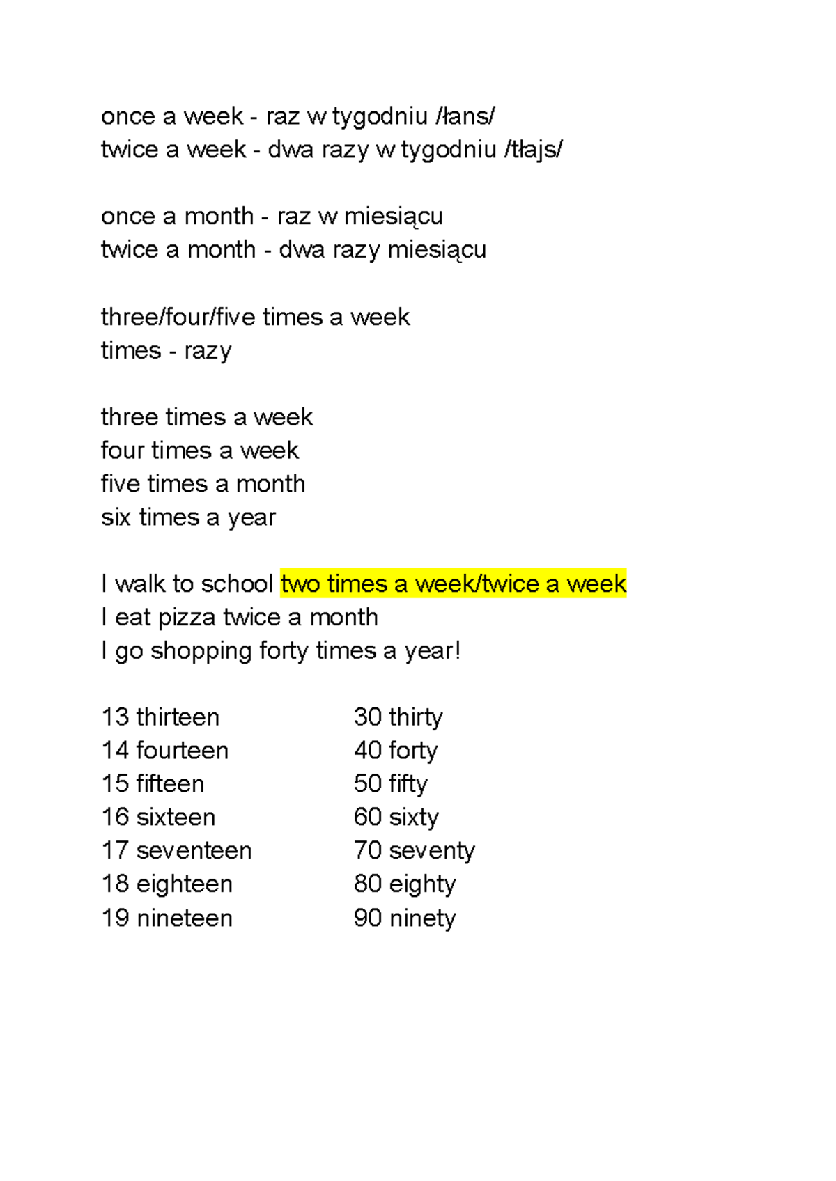 frequency and numbers - once a week - raz w tygodniu /łans/ twice a ...