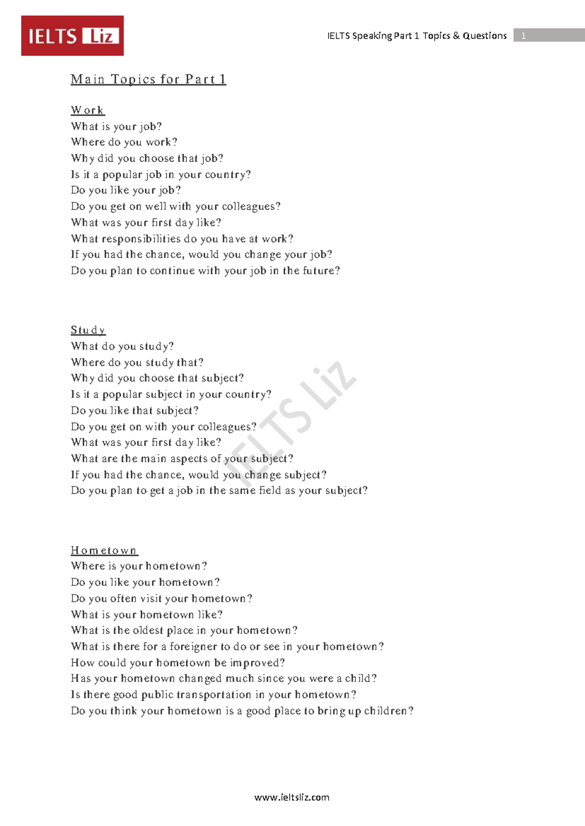 Ielts Speaking Part 1 Topics Questions - M a in To p ic s fo r P a r t ...