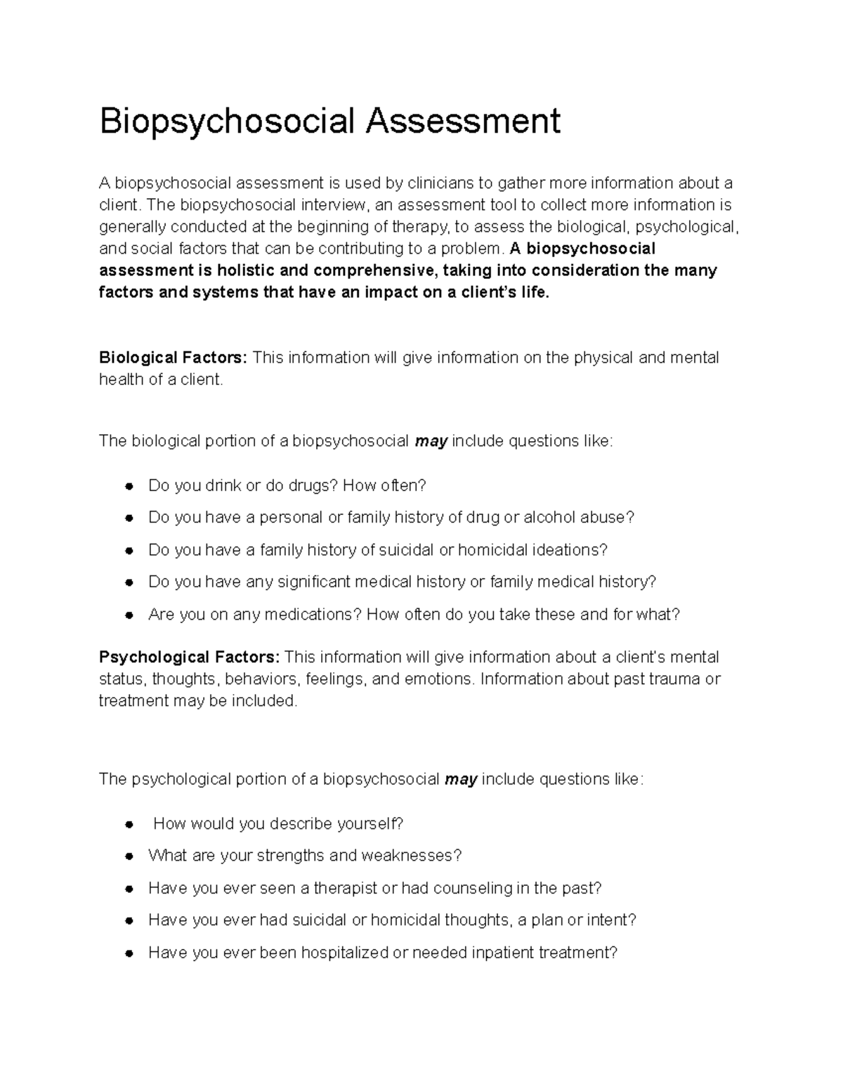 Biopsychosocial Assessment Guide: Understanding Client Factors - Studocu