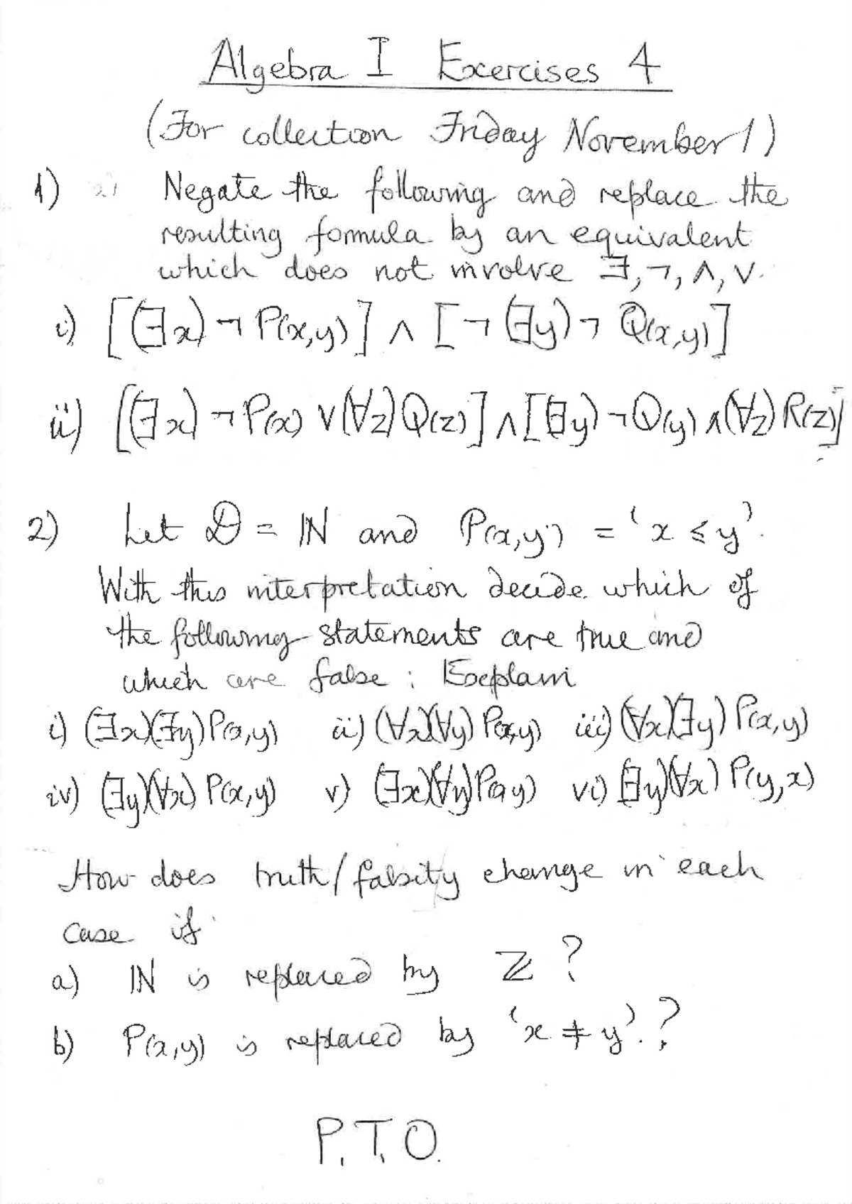 Algebra I Exercises 4: Logic Practice for Collection Nov 1 - Studocu