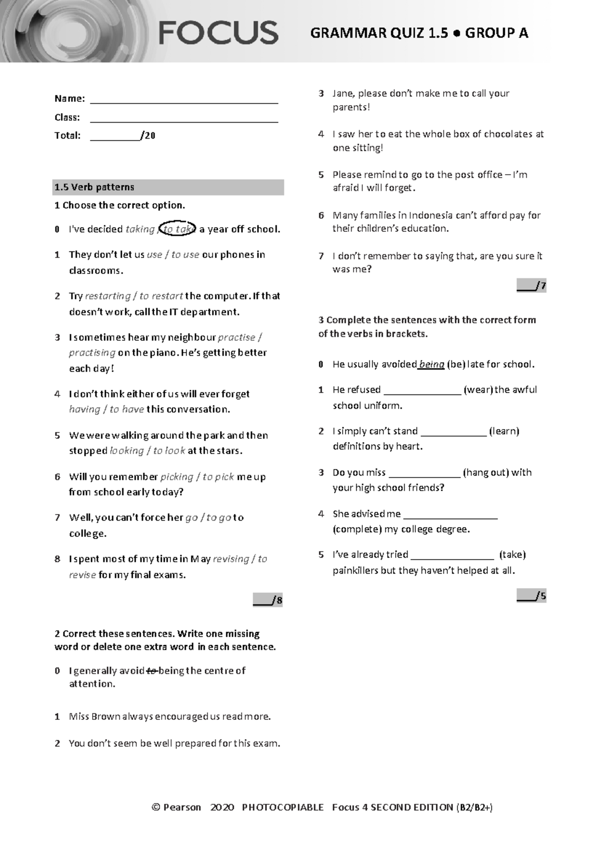 Focus 4 2E Grammar Quiz Unit 1 - Group A Assessment - Studocu