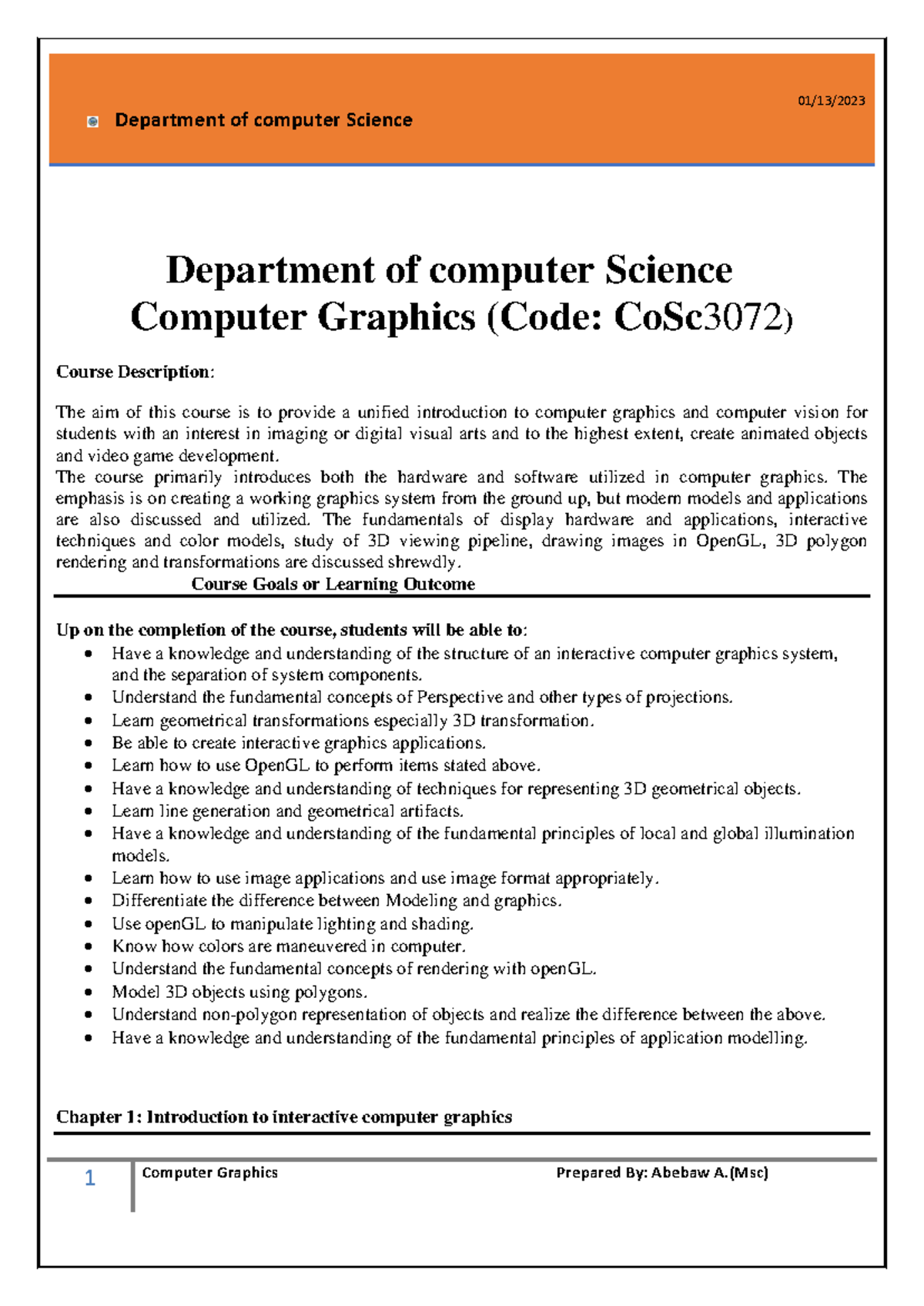 CoSc3072: Computer Graphics Course Overview and Key Concepts - Studocu