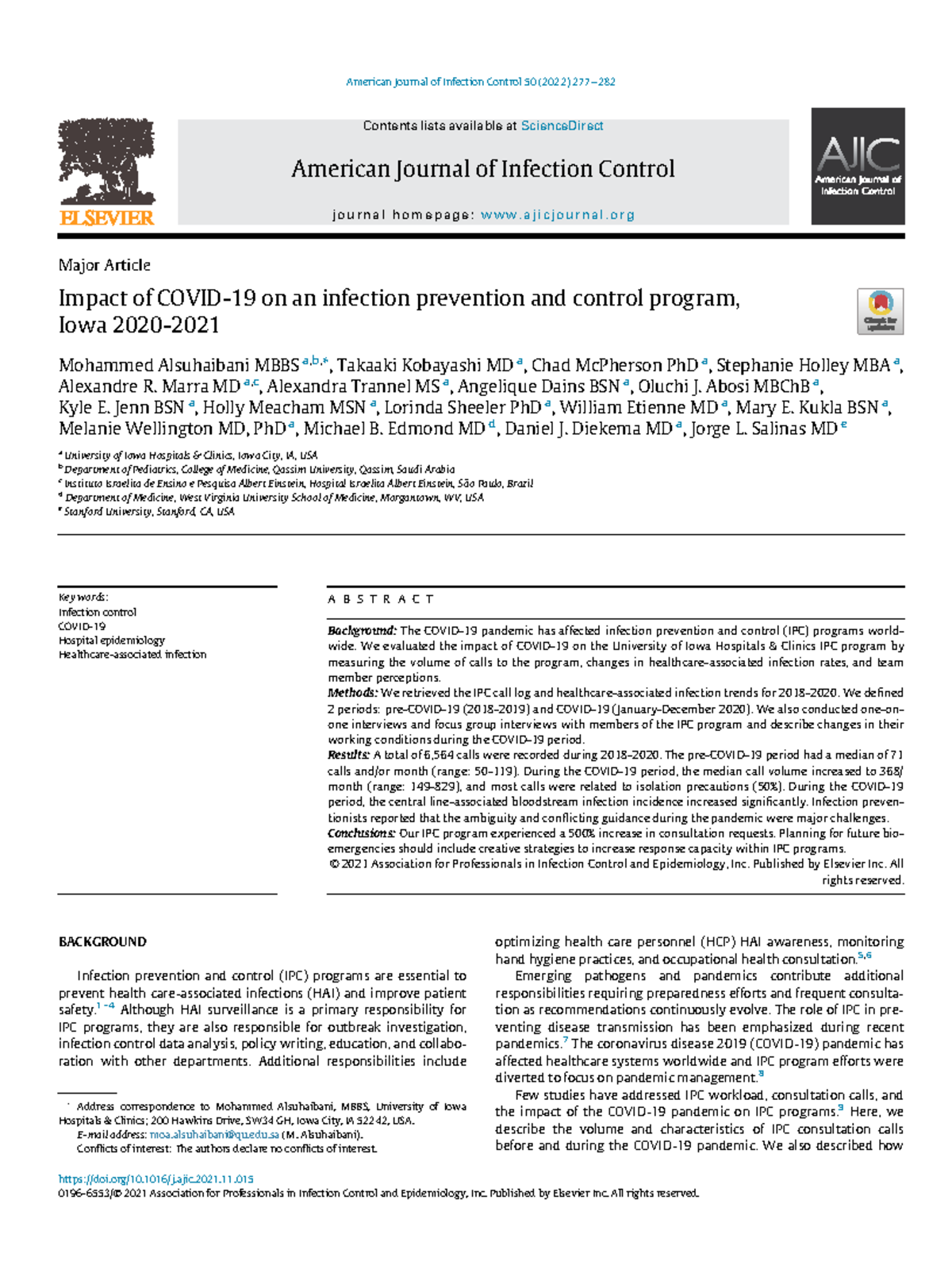 Impact of Covid 19 on an infection prevention and - Major Article ...