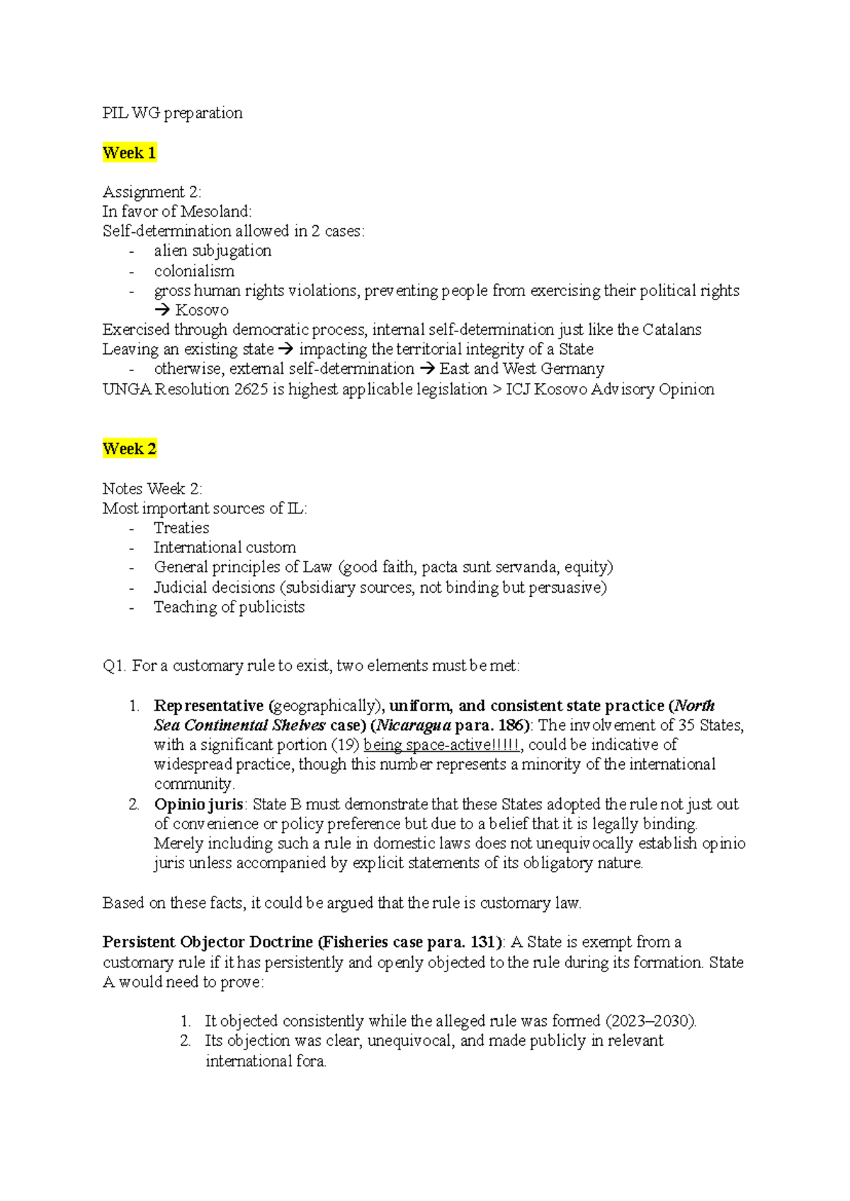 PIL WG - Week 1-7 Study Notes on International Law Concepts and Cases ...