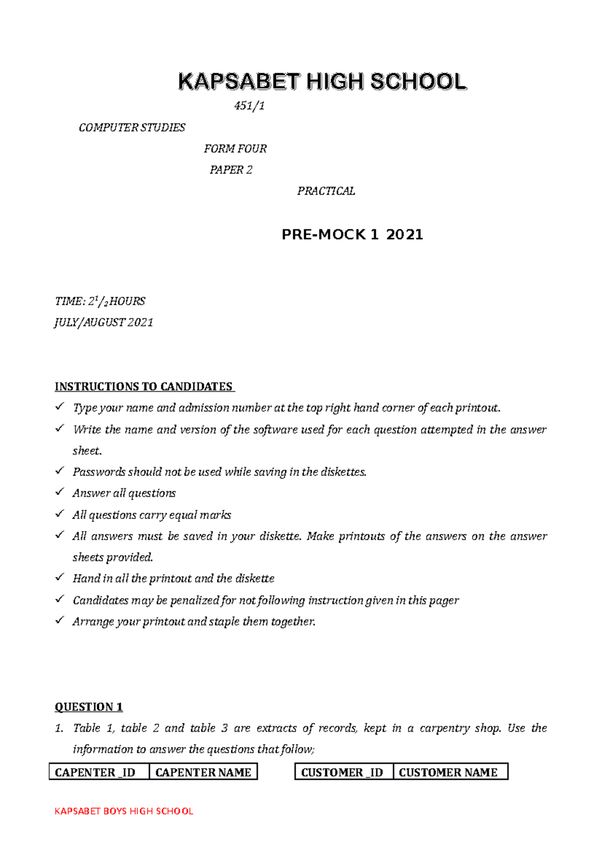 Computer Studies - Form Four Paper 2 Practical Pre-Mock 2021 - Studocu