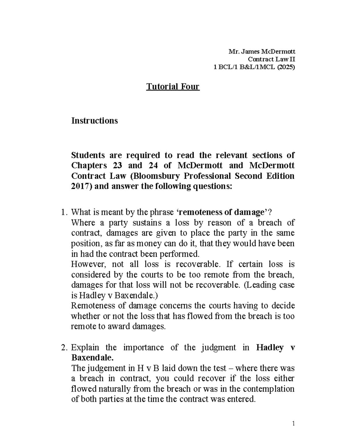 Contract Law II (2025) Tutorial 4: Key Concepts and Case Analysis - Studocu