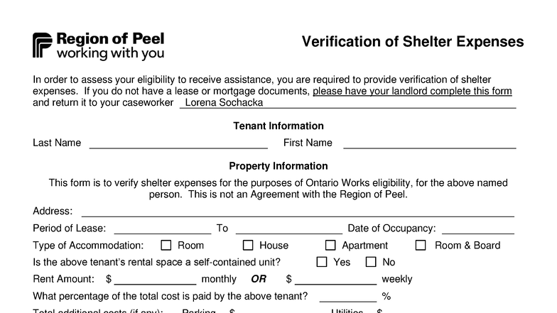 V-10-344 Ontario Works Shelter Expense Verification Form - Studocu