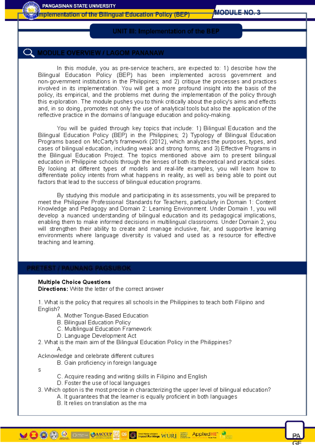 GCL EL 108 Final Exam: Bilingual Education Policy (BEP) Insights - Studocu
