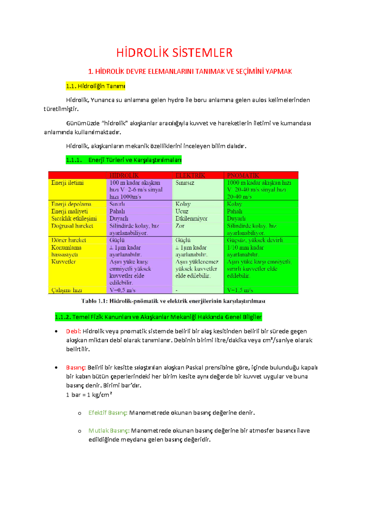 HİDROLİK SİSTEMLER 1: DEVRE ELEMANLARI VE TEMEL KAVRAMLAR DERS NOTU - Document Preview