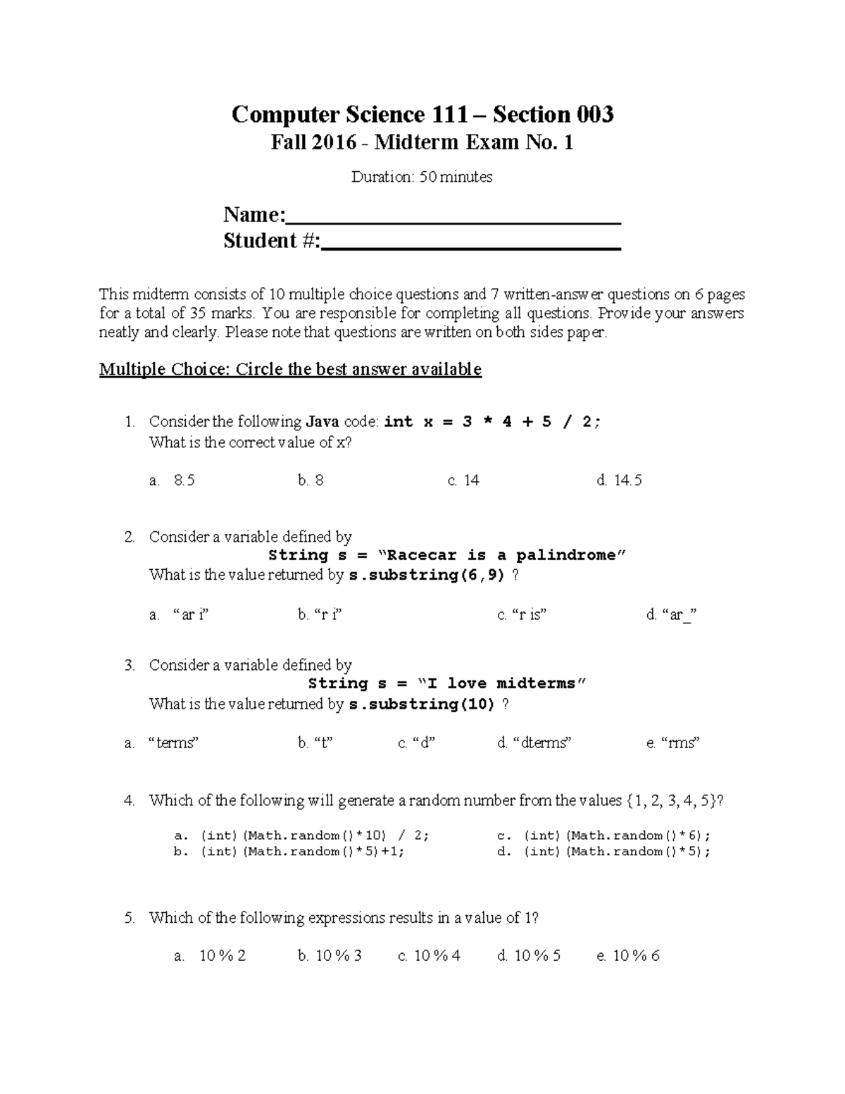 COSC111 Midterm Exam 1 Sample Questions - Fall 2016 - Studocu