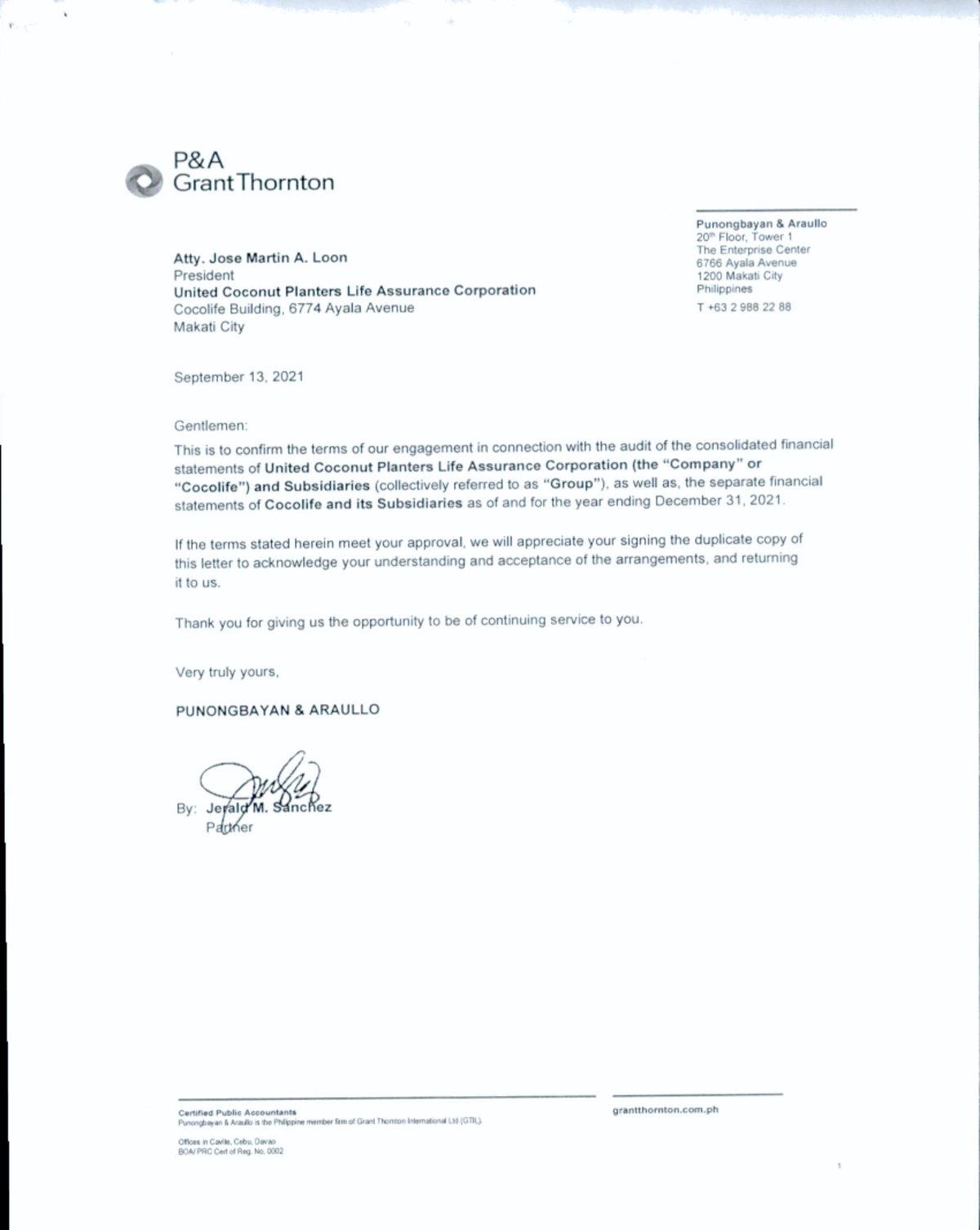 Cocolife 2021 Audit Engagement Letter with Grant Thornton: Overview ...