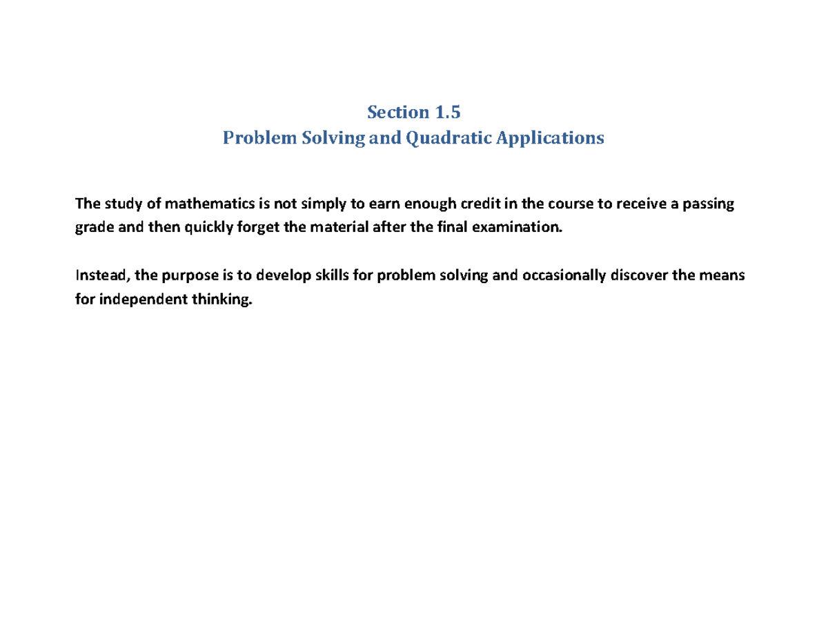 Section 1.5: Problem Solving & Quadratic Applications in Math - Studocu