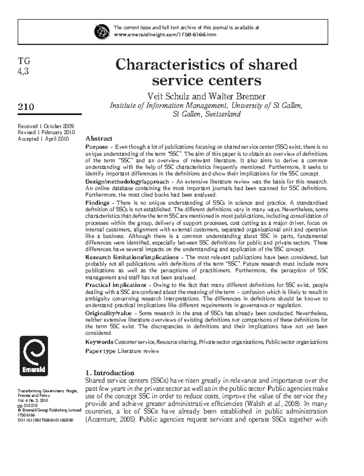 Characteristics of Shared Service Centers: A Literature Review (TG 4,3 ...