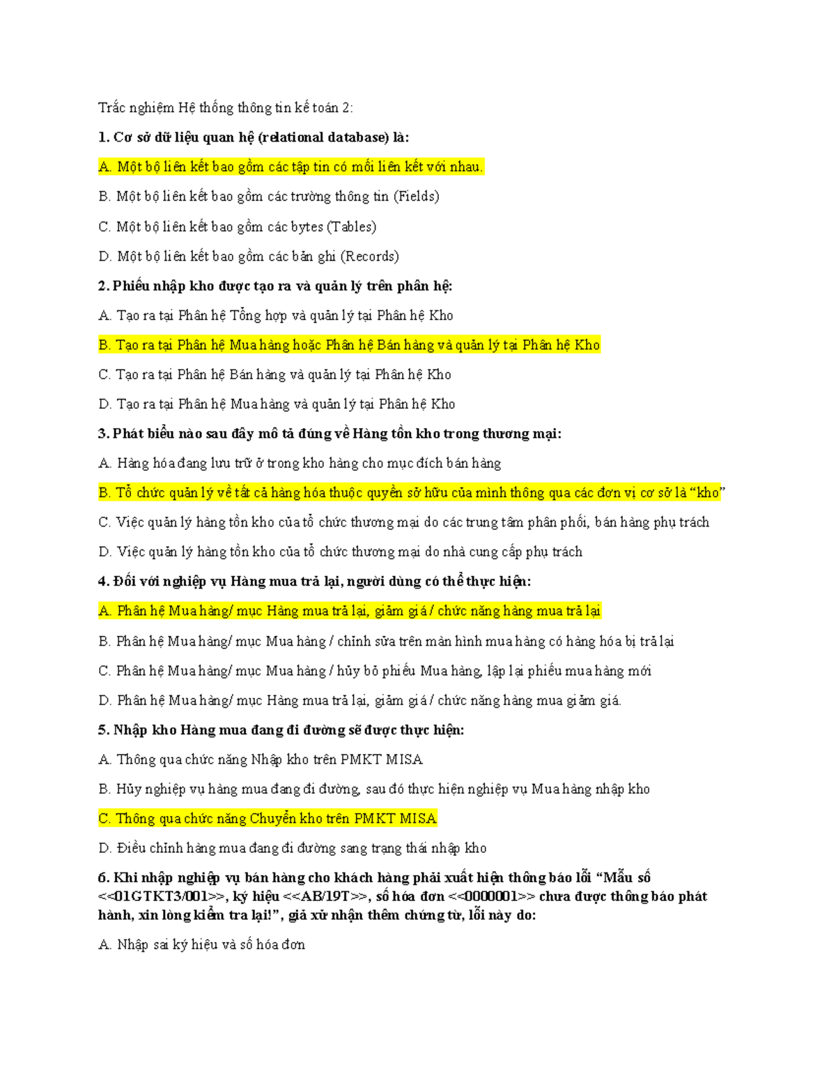 Trắc nghiệm Hệ thống thông tin kế toán 2: Câu hỏi và đáp án chi tiết - Document Preview