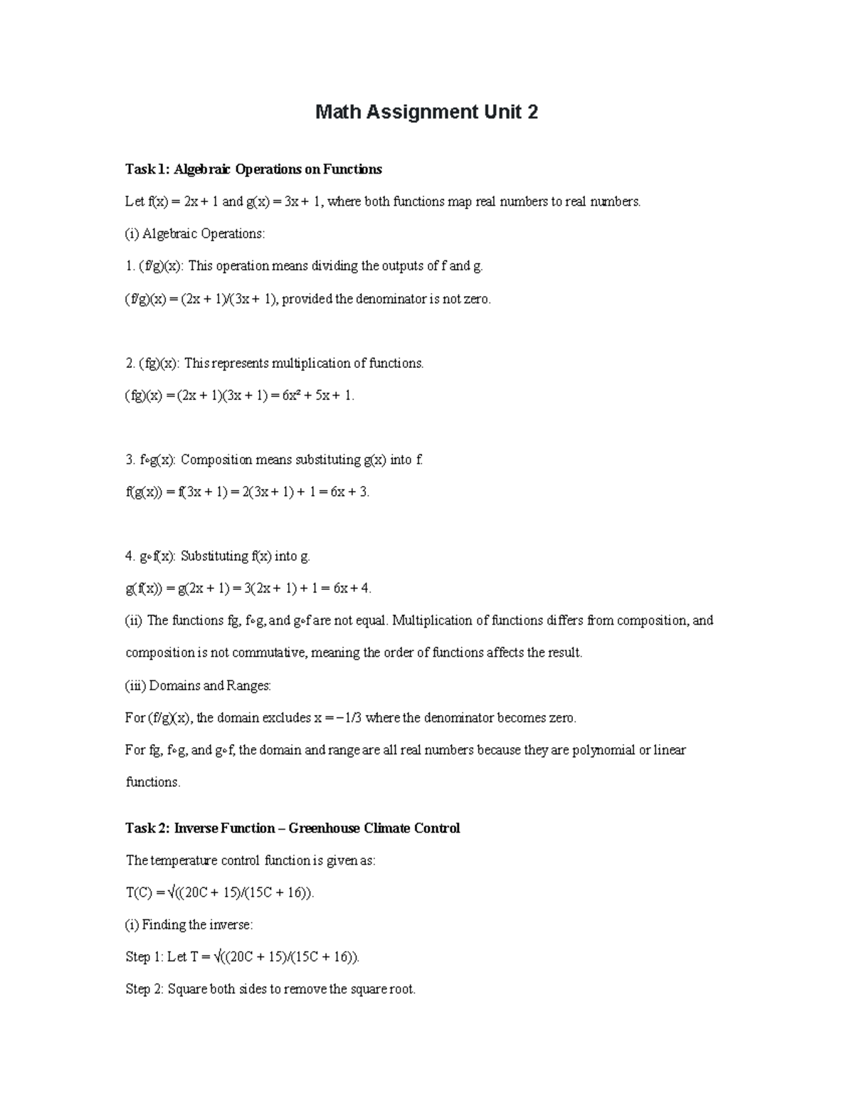 Math Assignment Unit 2: Algebraic Operations & Inverse Functions - Studocu