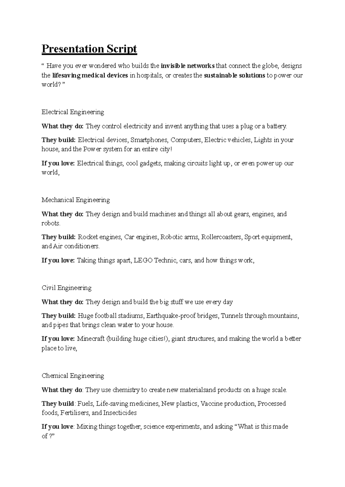 EG Presentation Script: Exploring Major Fields of Engineering - Studocu