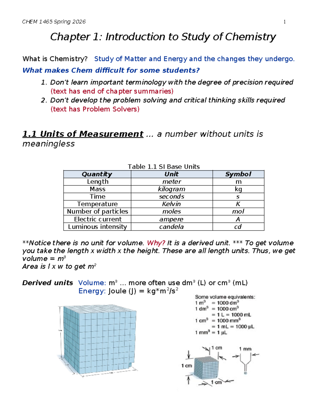 CHEM 1465 Spring 2026: Chapter 1 - Intro to Chemistry Concepts - Studocu
